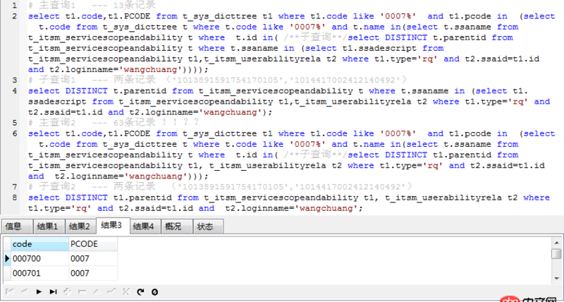 mysql - 结果相同的两个子查询，为什么主查询语句结果完全不同？