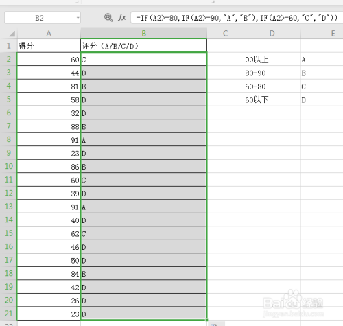 用excel完成分数ABCD评价方法分享