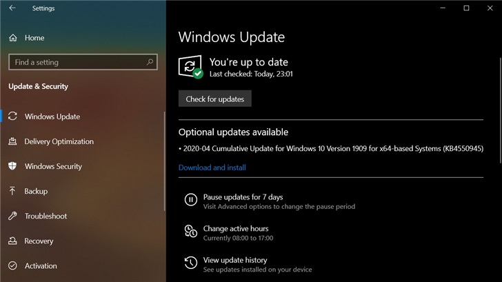 win10 1909更新补丁KB4550945可选推送 修复大量漏洞
