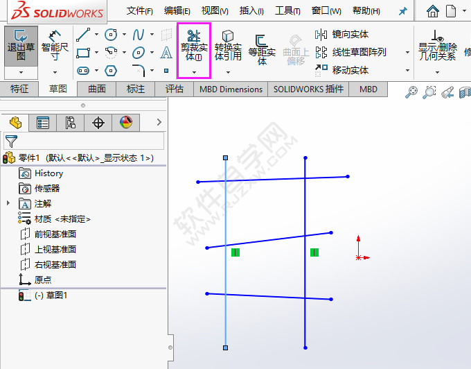 solidworks剪裁到最近端怎么使用