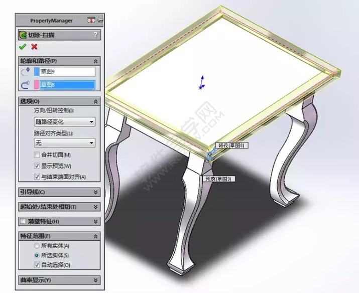 solidWorks建模练习拉伸切除一张桌子