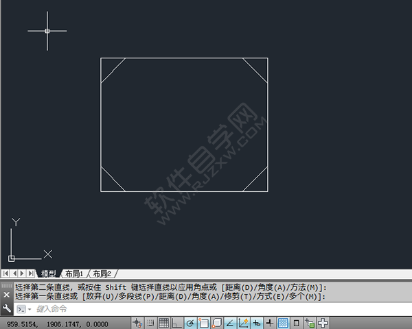 CAD中怎么给矩形倒不修剪的角